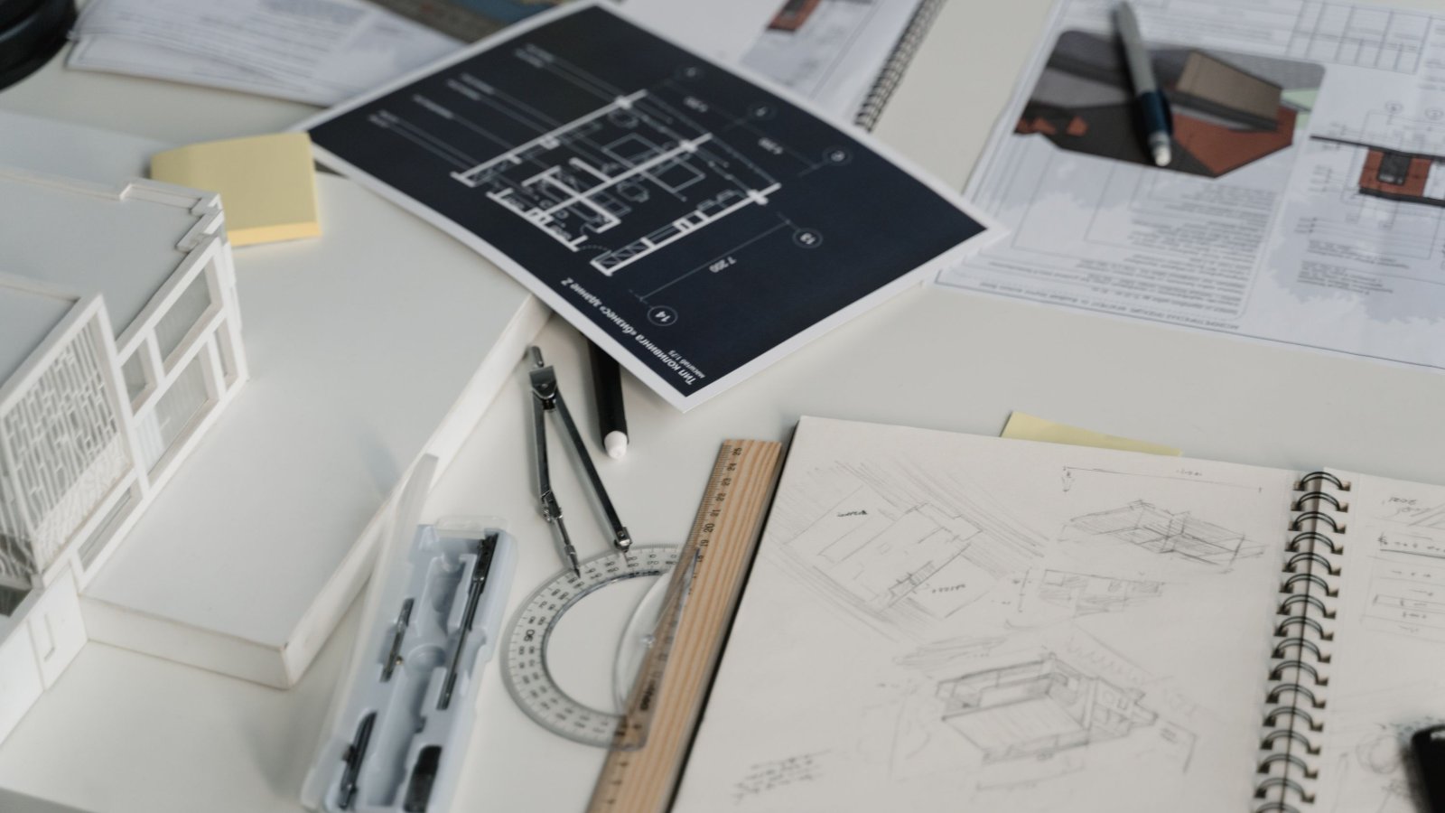 Architectural floor plans, sketches and drafting tools on a desk, illustrating a planning application for change of use