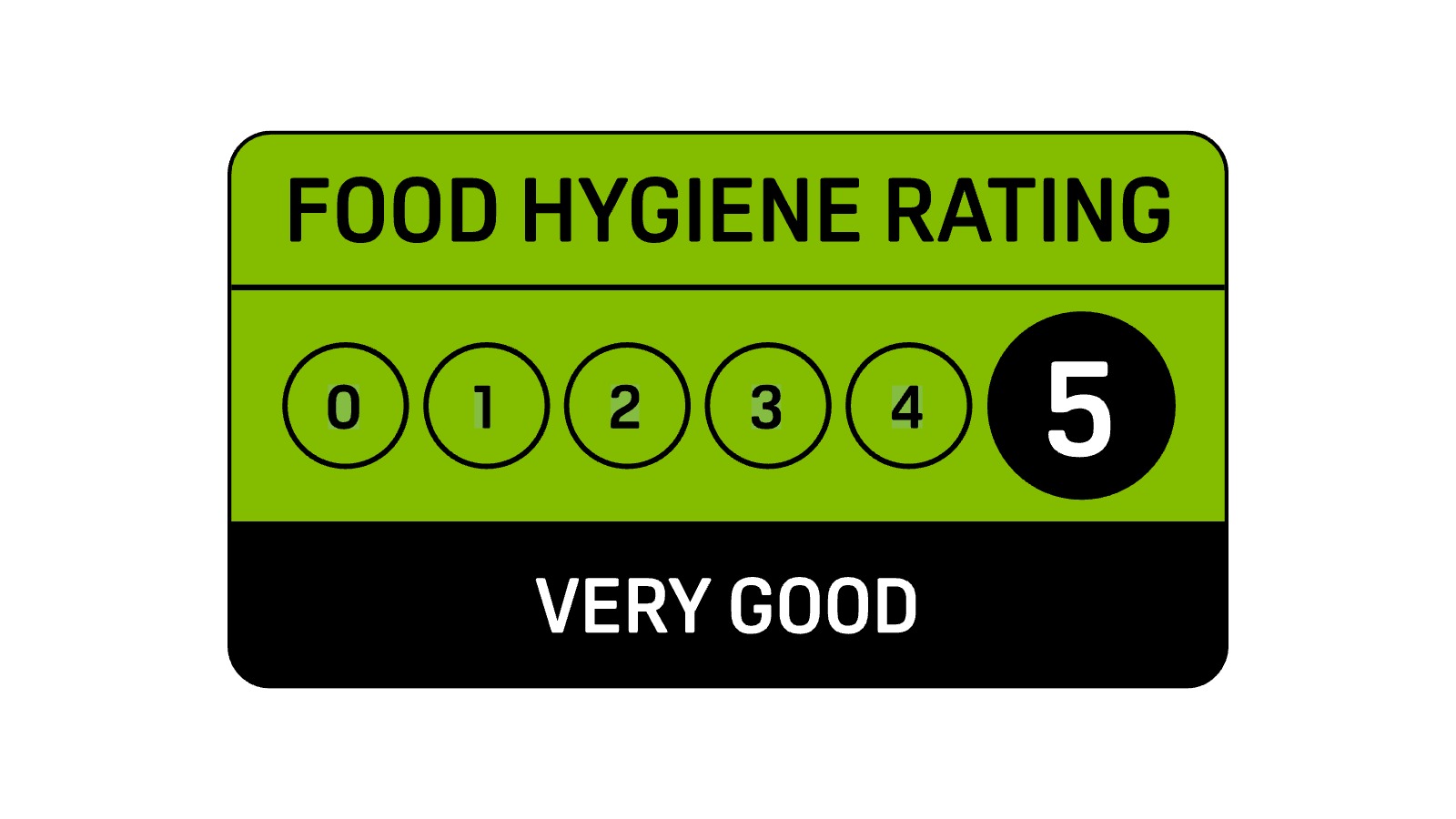 Food hygiene rating badge showing the 0 to 5 scale with a score of 5, Very Good