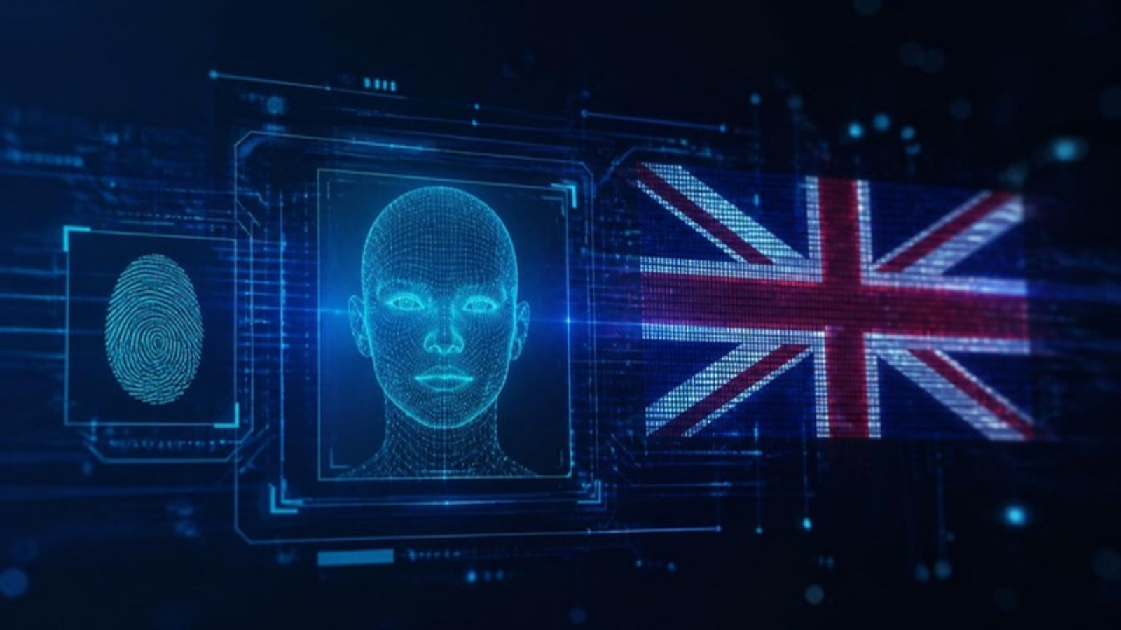 Digital ID verification concept with biometric scan and UK flag, illustrating digital proof of age for alcohol sales in England and Wales